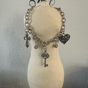 NWOT Silver Charm bracelet with Heart and Key Pendants